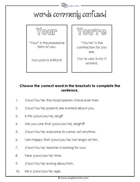 Your And Youre Worksheet With Answers