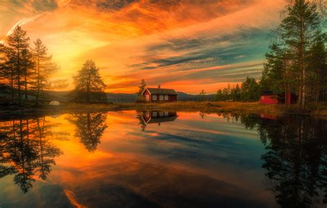 Wallpaper Trees Sunset Lake Reflection Home Norway Norway