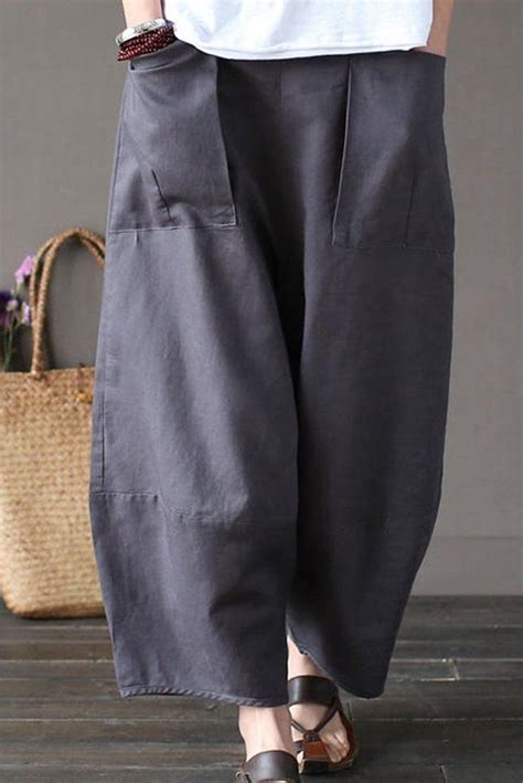 Gray Loose Cotton Linen Casual Ankle Length Pants Women Clothes P