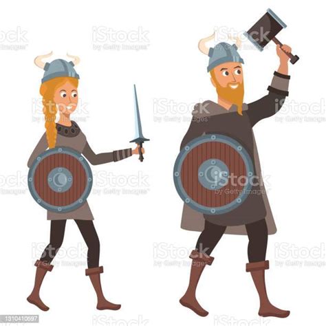 Cartoon Vikings Over White Background Scandinavian Warrior Woman And