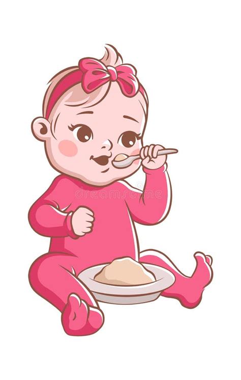 Baby Child Eating Healthy Food Spoon Stock Illustrations 660 Baby