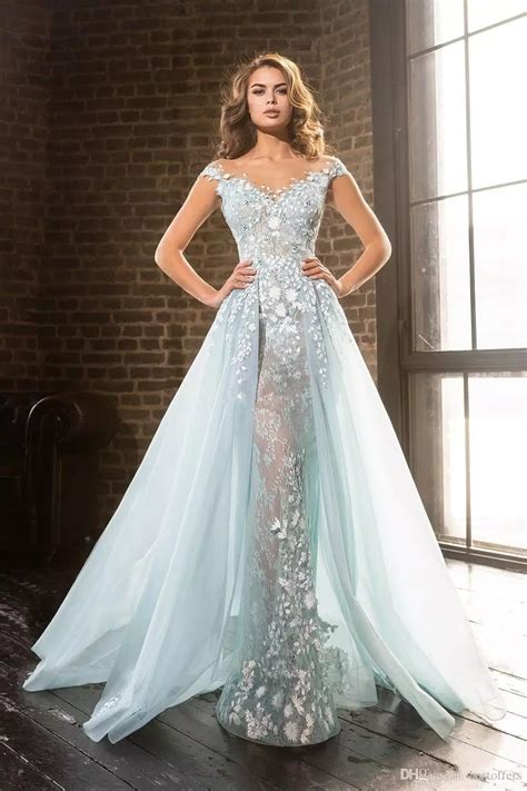 Delicate Ice Blue Mermaid Prom Dresses with Detachable ...