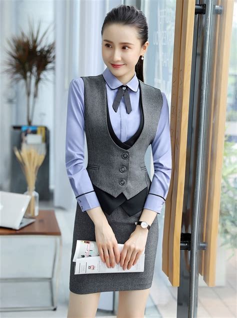 Formal Grey Waistcoat Women Business Suits With Two Piece Skirt And Top Sets Ladies Work Wear