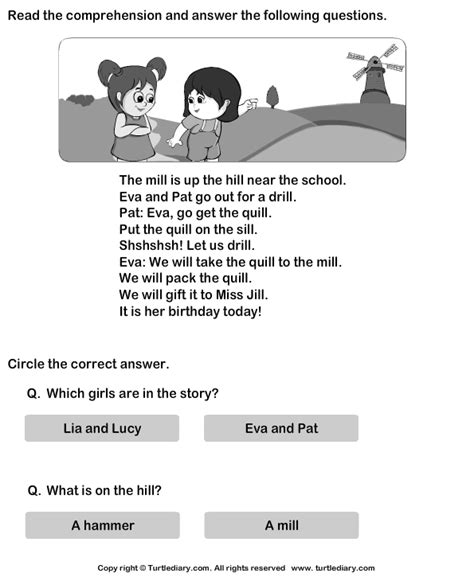 Reading Comprehension Eva And Pat Turtle Diary Worksheet
