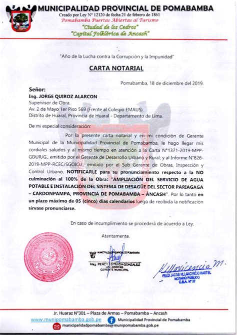 NotificaciÓn Mediante Carta Notarial Munipomabamba
