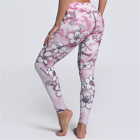 Women S Pink High Waist Floral Print Stretchy Sports Leggings Yoga