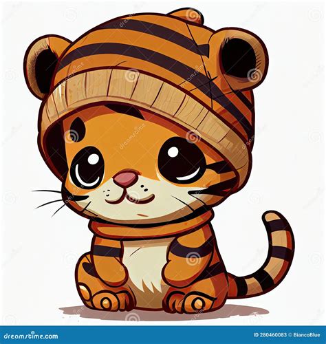 Cute Tiger Comic Wearing a Beanie with Sweater and Hut. Stock
