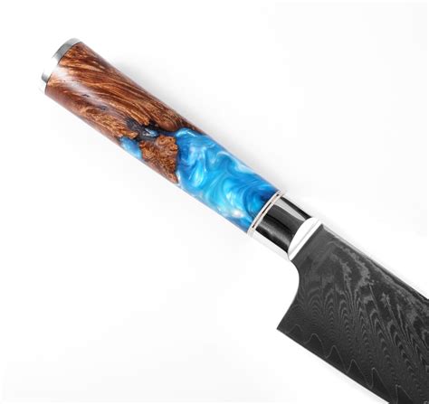 Gyuto 牛刀 Damascus Steel Knife With Coloured Blue Resin Handle