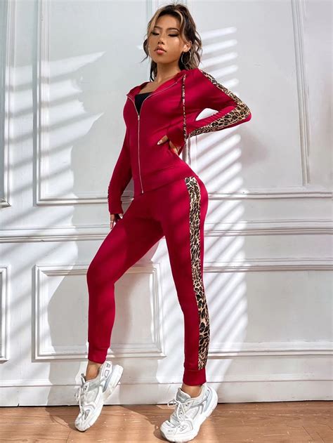 burgundy casual long sleeve leopard print embellished medium stretch spring fall women co ords