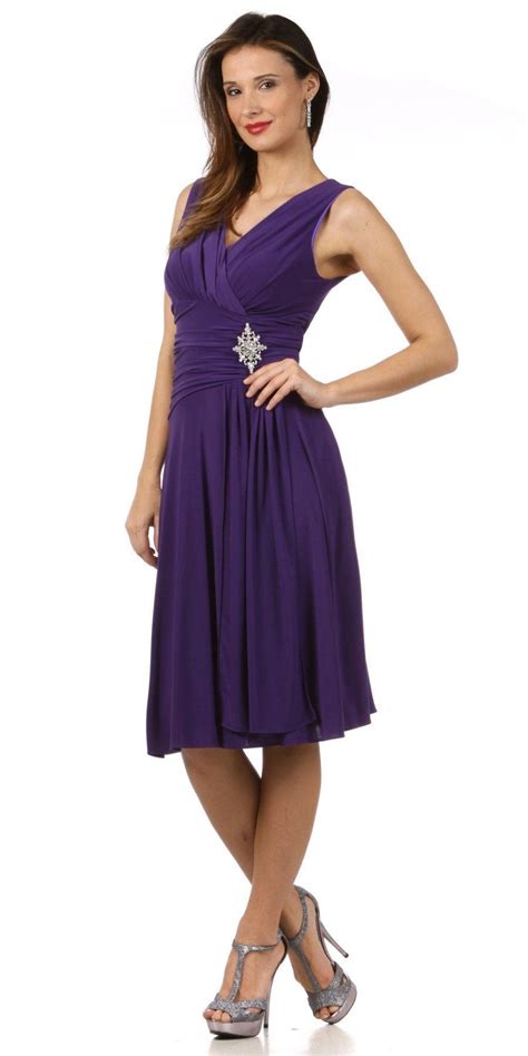 Modest Purple Dress Semi Formal Chiffon Knee Length V Neck Brooch Modest Purple Dress Royal