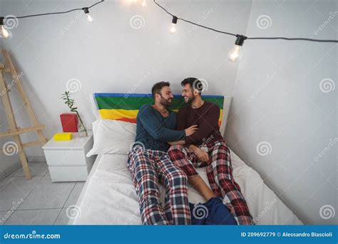 happy gay couple having tender moments in bedroom homosexual love relationship and gender