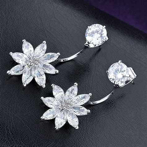 Double Sided Front Back Stud Flower Cubic Zirconia Dangle Or Silver