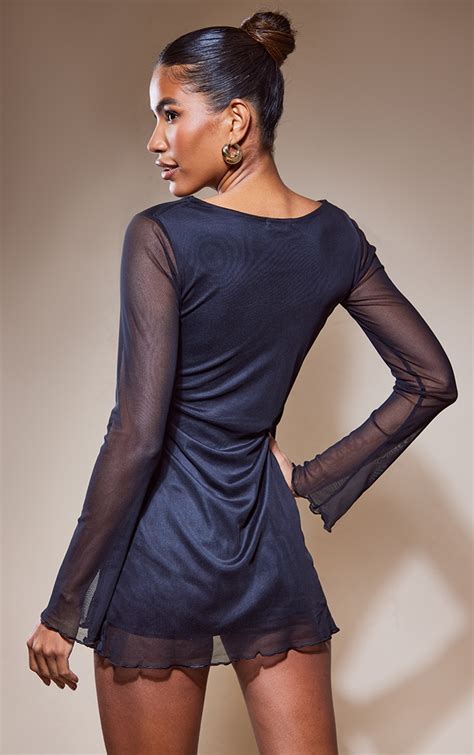 Black Mesh Long Sleeve Mini Dress Dresses Prettylittlething Usa
