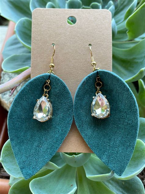 Teal Diamond And Suede Earrings Etsy