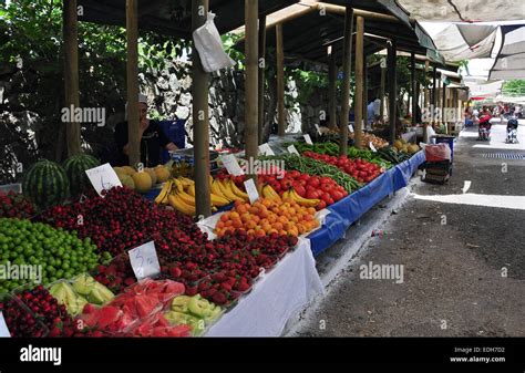 Fruit And Vegetables For Sale On Market Stalls At Içmeler Market Stock
