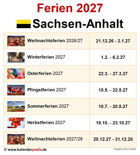 Ferien Sachsen-Anhalt 2027 - Übersicht der Ferientermine
