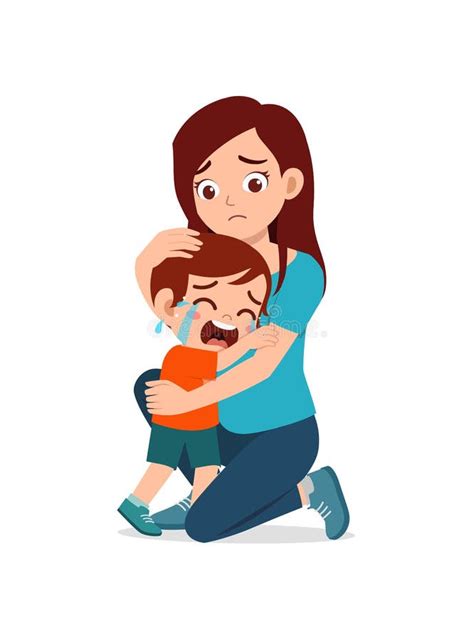 Young Mother Hug Crying Little Girl And Try To Comfort Stock Vector
