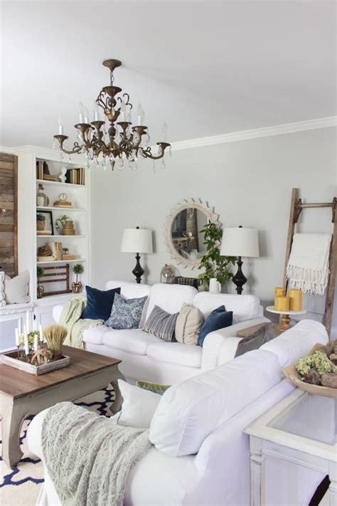 Looking for ideas to update your living room? Farmhouse Living room decorated for fall with navy, green, gray, and a pop of… | Fall Decor ...