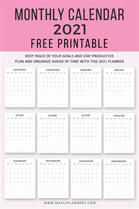 Free Printable 2021 Monthly Calendar Pdf Template