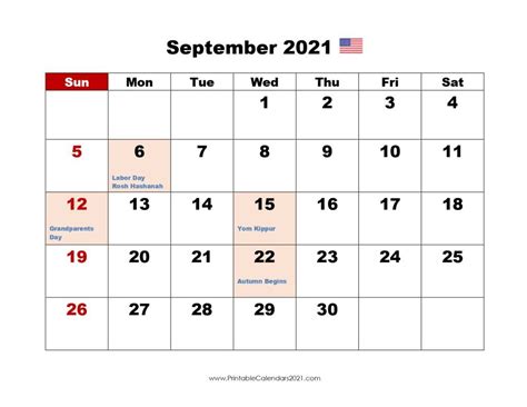 Printable Template September 2021 Calendar