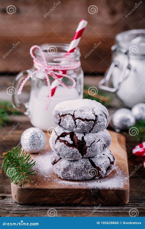 Chocolate Crinkle Cookies With Powdered Sugar Icing For Christmas Stock