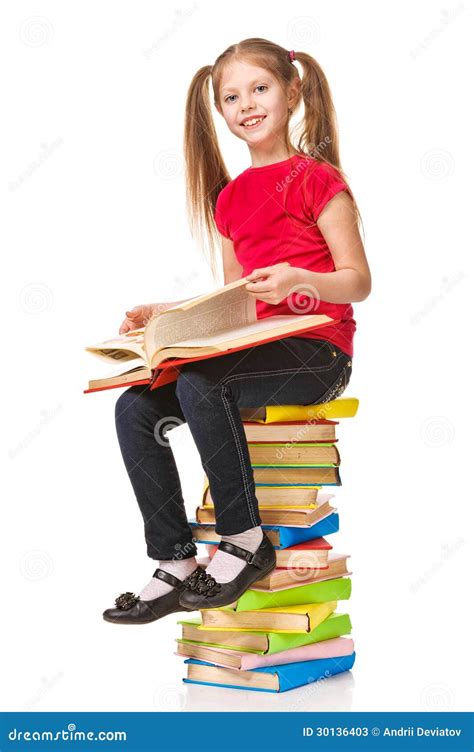 Little Girl Sitting On Stack Of Books Isolated Stock Image Image Of