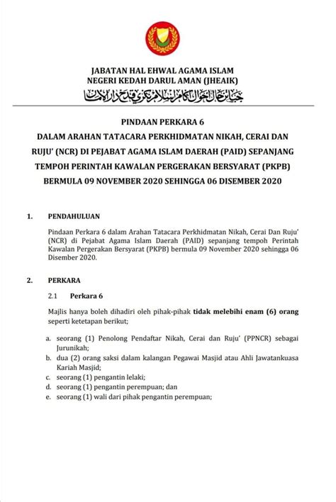 Ikuti perkongsian di bawah untuk maklumat lanjut sop pkpb terkini yang telah dikemaskini. PKPB SOP Nikah, Cerai dan Rujuk (NCR) Negeri Kedah & Sabah ...