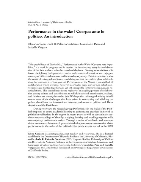 Pdf Performance In The Wake Cuerpas Ante Lo Político An Introduction