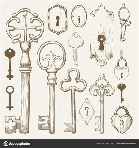 Vector Set Of Hand Drawn Antique Keys Illustration In Sketch Style On