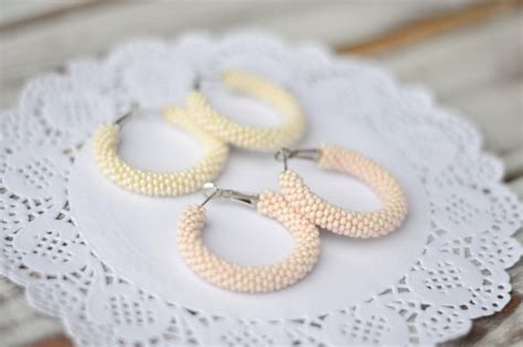 Beaded Hoop Earrings Ivory Nude Beige Etsy