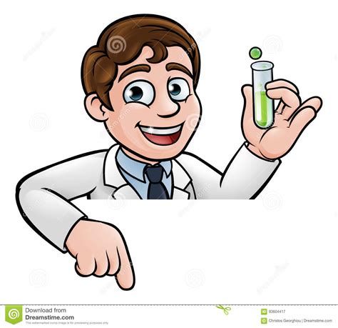 Cartoon Scientist Holding Test Tube Pointing Sign Stock Vector