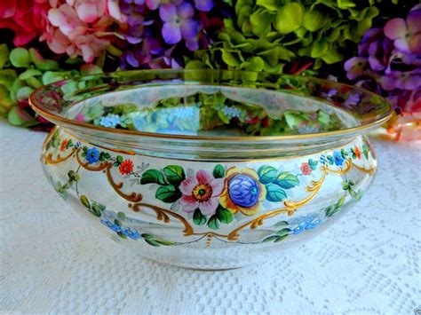 Beautiful Vintage Moser Glass Bowl Hand Painted Enamel Flowers ~ Gold Gilt Moser Glass Enamel