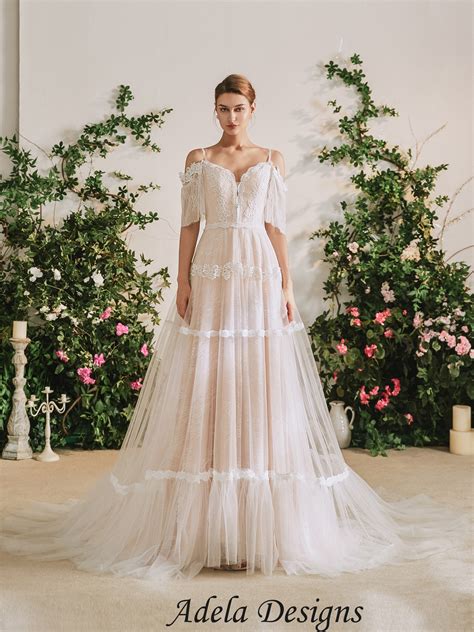 Pink Lace Tulle A Line Boho Wedding Dress Off The Shoulder Adela Designs