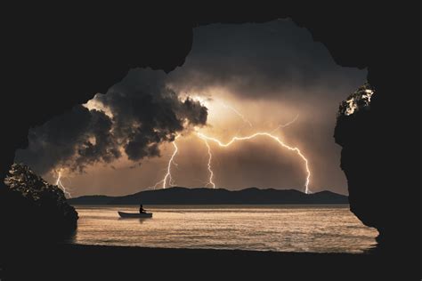 Landscape Storm Rays Sea Clouds Cave Fantasy 4k Wallpaper 4k