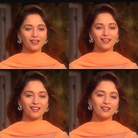 Four Different Pictures Of A Woman In An Orange Dress With Earrings On