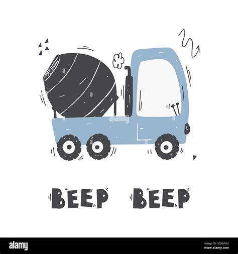 Cute Cartoon Mixer Truck With Lettering Beep Beepvector Hand Drawn