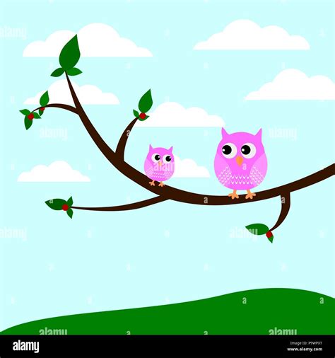 Two Pretty Owls Sitting On A Branch Of A Tree Vector Stock Vector Image