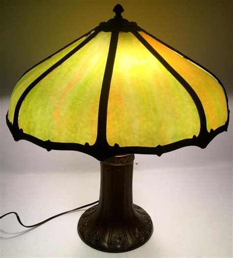 Antique C 1920 Art Deco Table Lamp W Bent Green Slag Glass