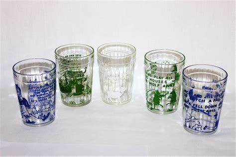 Vintage Set Of Five 1940s Hazel Atlas Nursery Rhyme Drinking Glasses