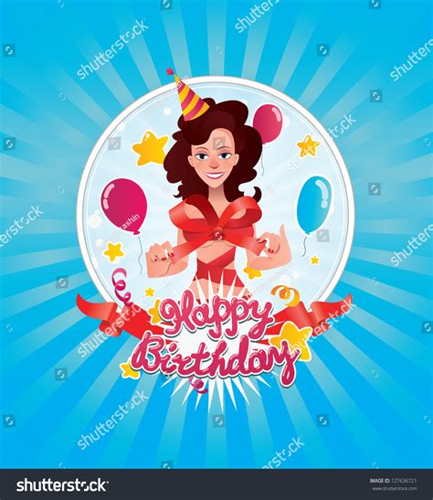 Happy Birthday Vector Illustration Nude Naked Young Woman With Red Bow In The Round Frame