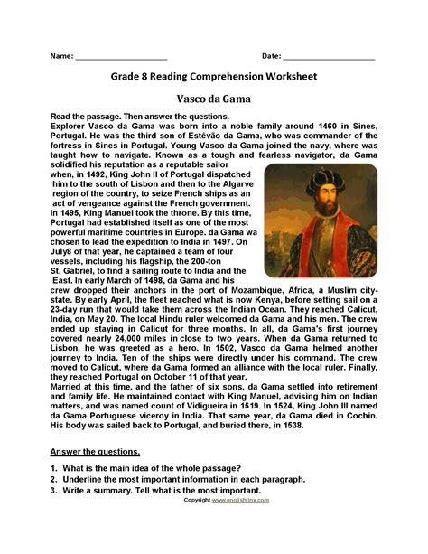 Vasco De Gama Eighth Grade Reading Worksheets Reading Worksheets
