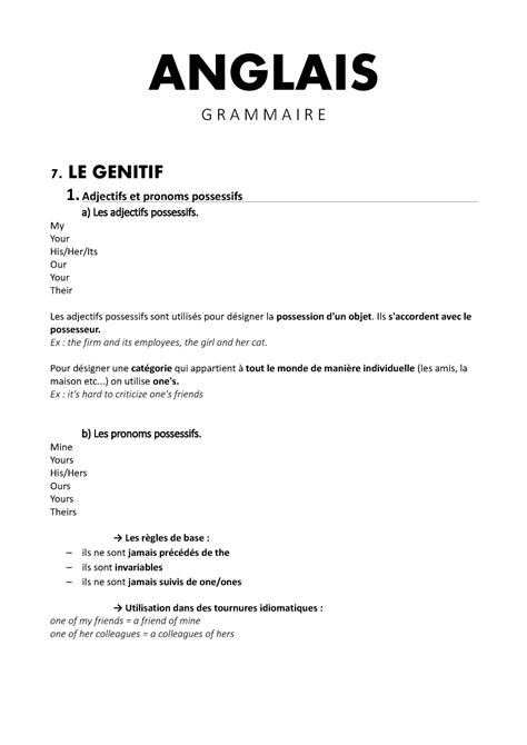 7 Génétif Notes De Cours Le Génitif Anglais Grammaire 7 Le Genitif