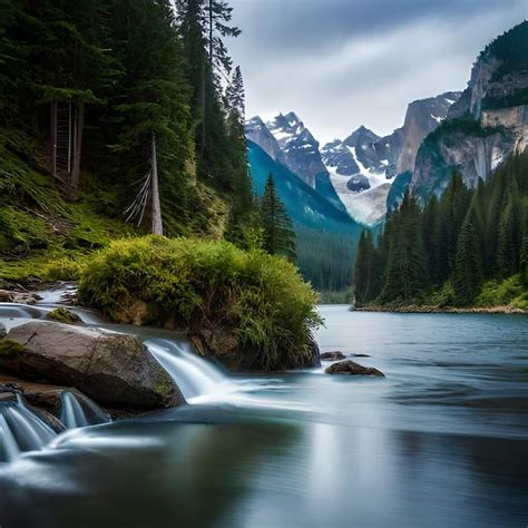 Premium Ai Image A River Flows Through A Forest With A Mountain In