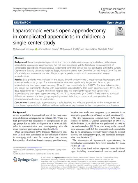 Pdf Laparoscopic Versus Open Appendectomy In Complicated Appendicitis