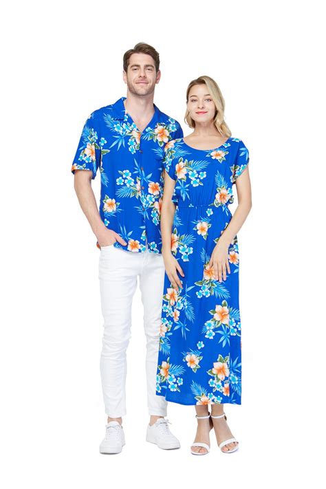 Couple Matching Hawaiian Luau Shirt Cap Sleeve Maxi Dress In Hibiscus