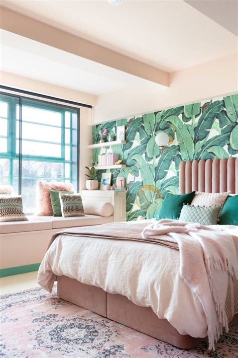 Palm Print Wallpaper Pink Velvet Bed Pink And Green Bedroom