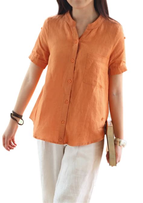 Women Shirt 2015 New Summer Linen Blouse Women Fashion Short Sleeve Button Down Shirt Female