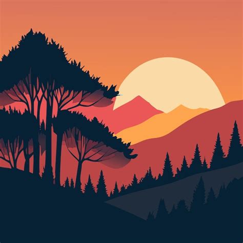 Premium Vector Mountain Sunset Silhouettes Serene Nature Landscape
