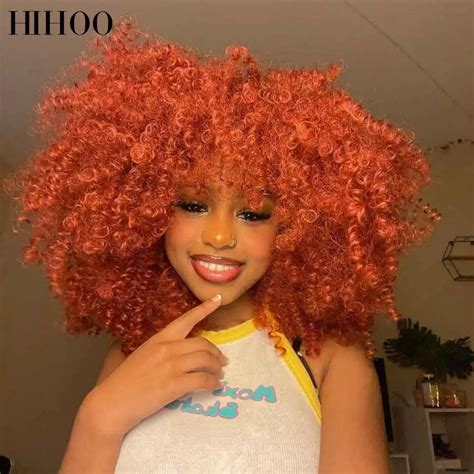 Short Hair Afro Kinky Curly Wig For Women Red Brown Copper Ginger Wig