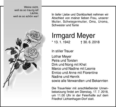 Traueranzeigen Von Irmgard Meyer Trauer Anzeigen De